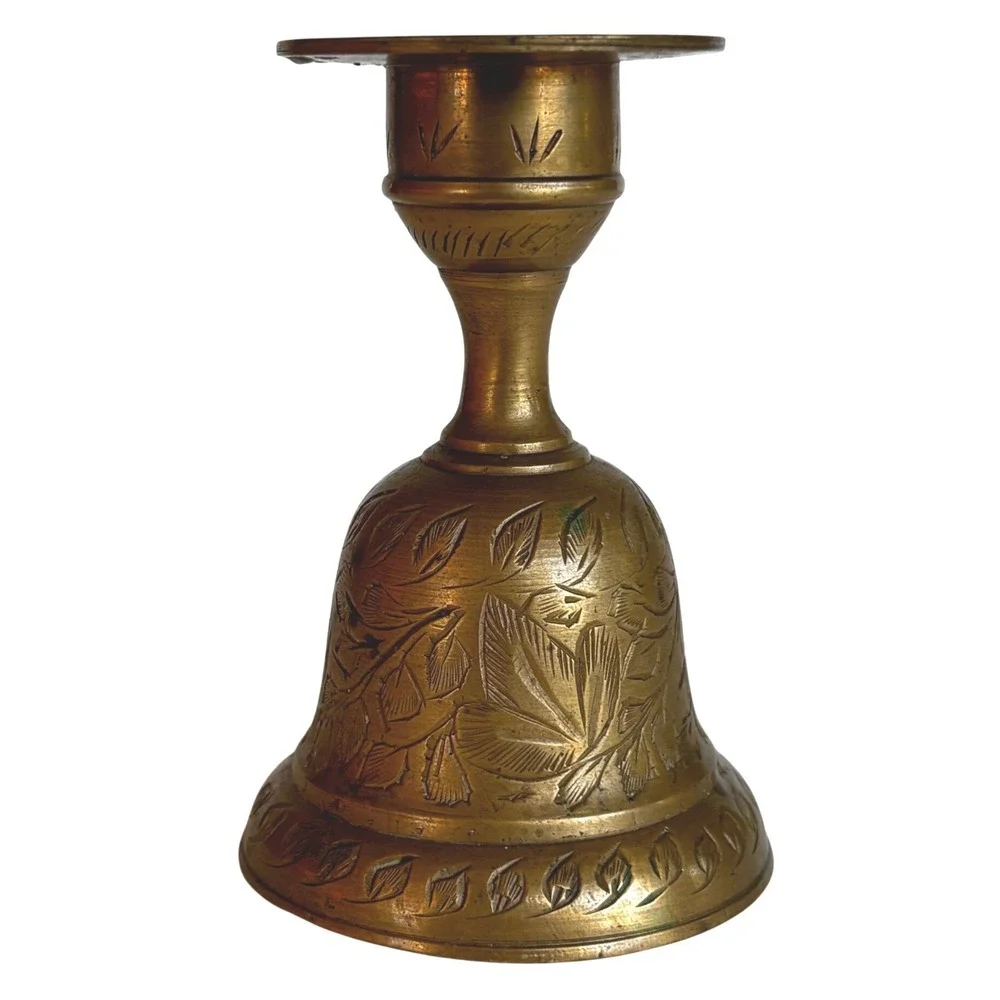 Vintage Bells of Sarna India 318 Brass Etched Floral Candlestick Holder Bell 60s